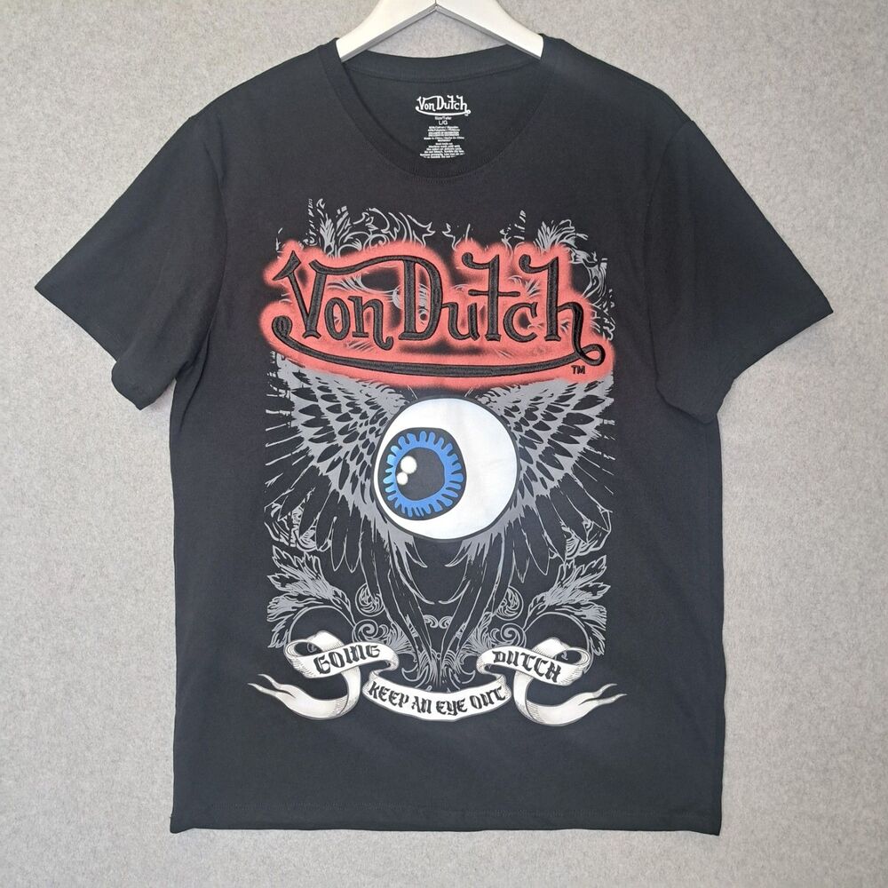 Von Dutch Large Shirt Keep An Eye Out Print Embroidery Black Eyeball Creepy Cool